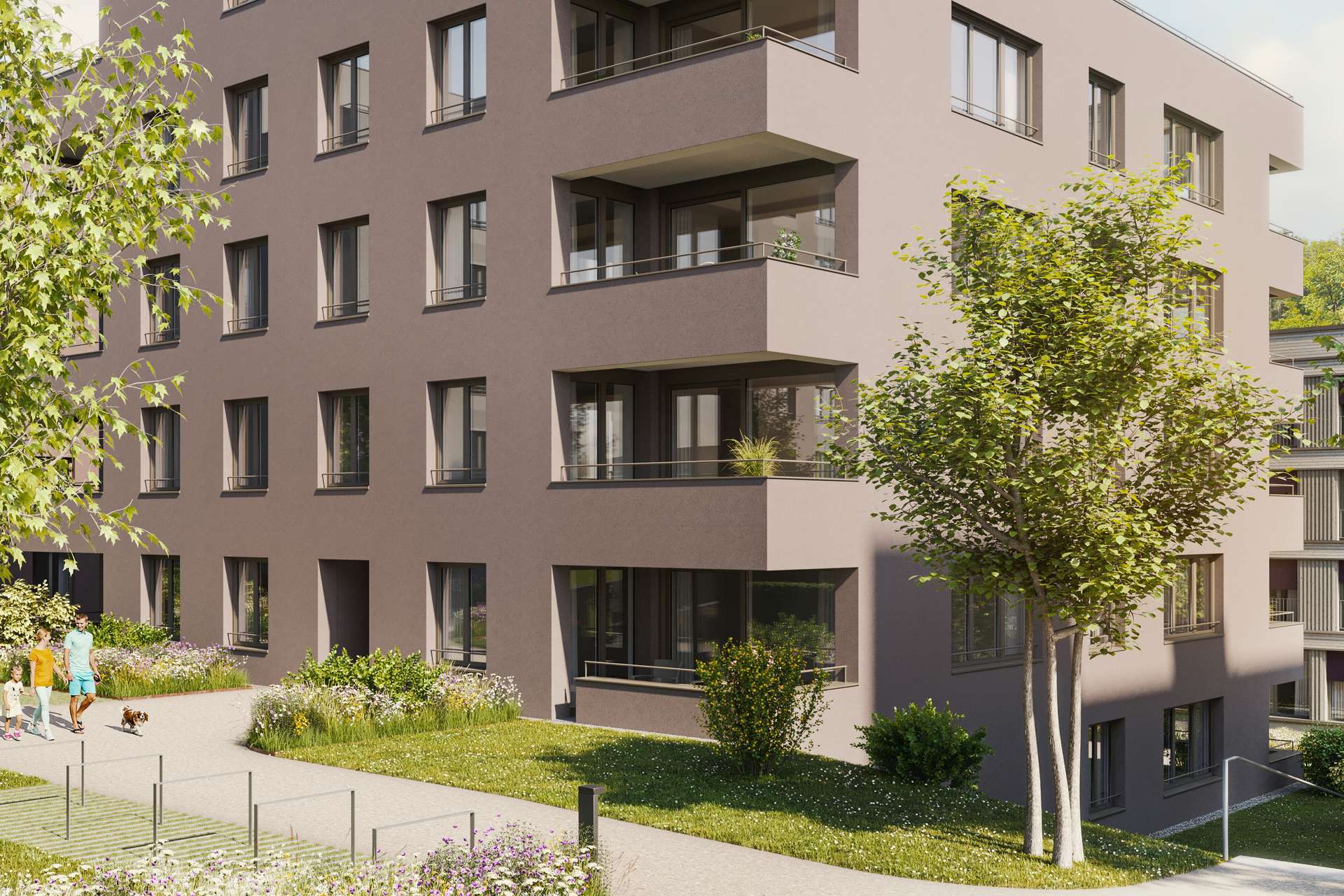 illustrierte Ansicht Loggia Modernes Mehrfamilienhaus mit zahlreichen Balkonen und großen Fenstern, umgeben von grünem Rasen, Bäumen und bunten Blumen. Eine Person und ein Kind gehen mit einem kleinen Hund auf einem Weg durch den gepflegten Garten spazieren.