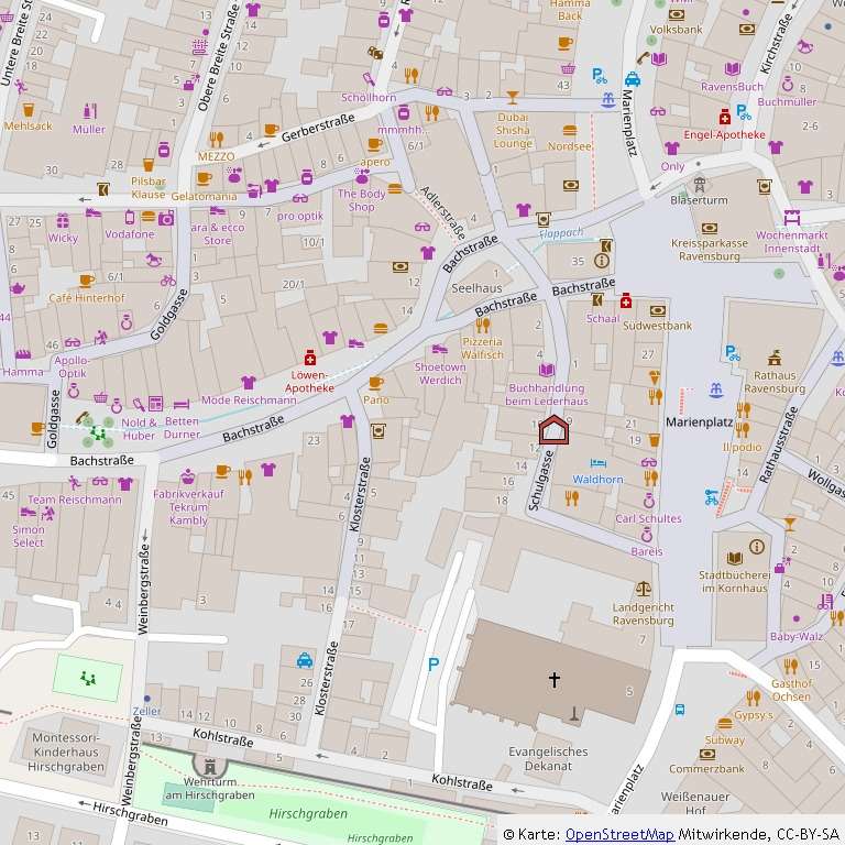 Ein detaillierter Stadtplan des Stadtzentrums mit Straßen, Gebäuden, Sehenswürdigkeiten und interessanten Orten. Straßen wie die Bachstraße und die Kohlstraße sind beschriftet. Symbole kennzeichnen Geschäfte, Restaurants und öffentliche Einrichtungen.