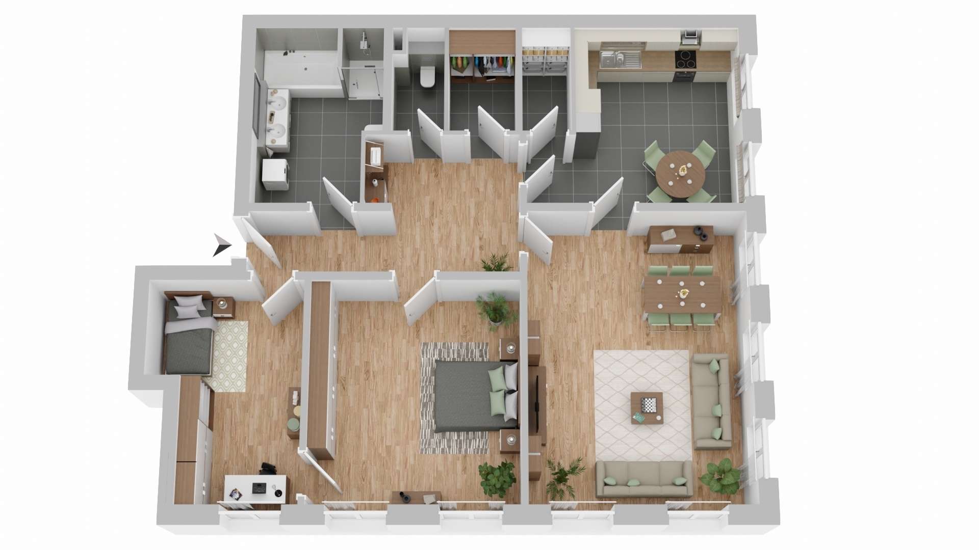 3D-Grundriss einer Wohnung mit Schlafzimmern, Bad, Küche, Essbereich, Wohnzimmern und Abstellräumen. Die Räume sind mit Holz- oder Fliesenböden ausgestattet und mit Möbeln und Pflanzen eingerichtet. An den Außenwänden befinden sich zahlreiche Türen und Fenster.